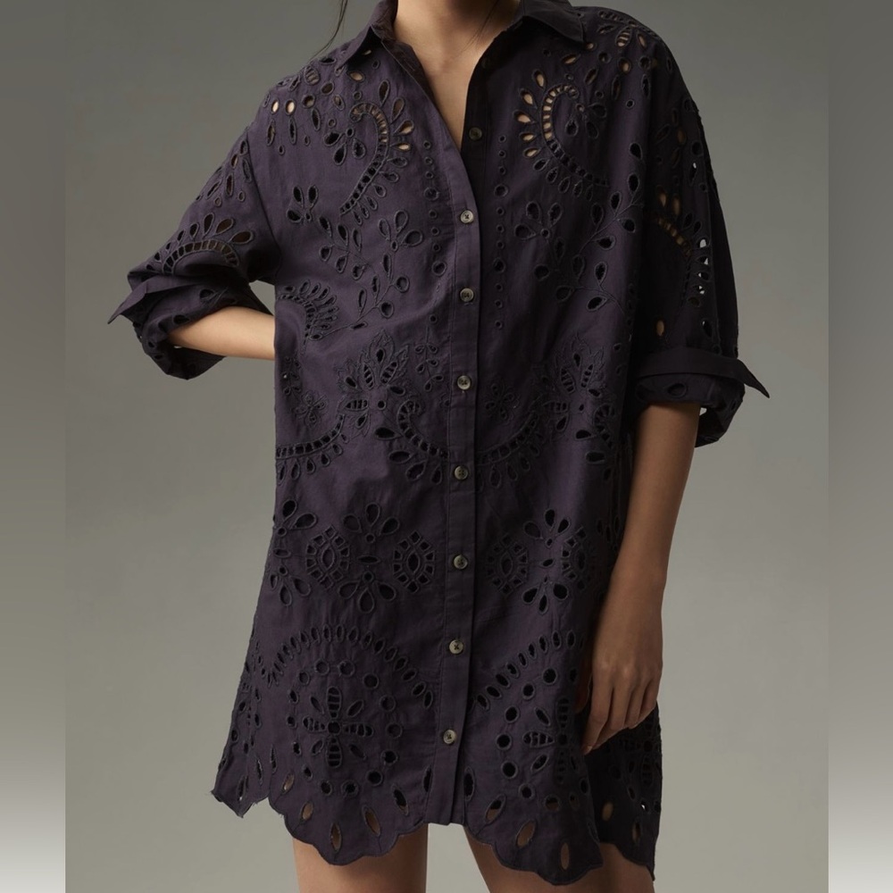 ANTHROPOLOGIE Long Sleeve Eyelet Mini Shirt Dress Size L